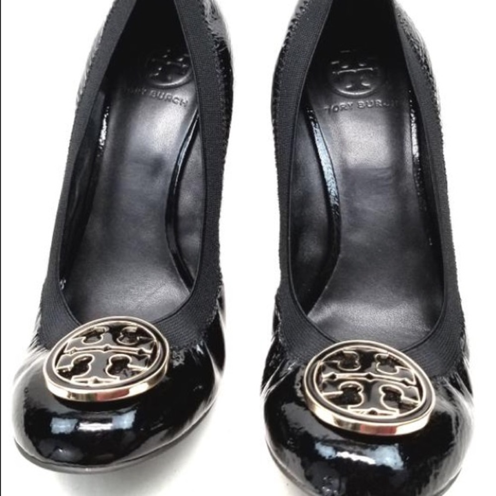Tory Burch Black Patent Caroline Wedges Size 7.5 8